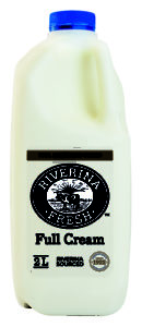 A 2 litre bottle of Riverina Fresh full cream milk